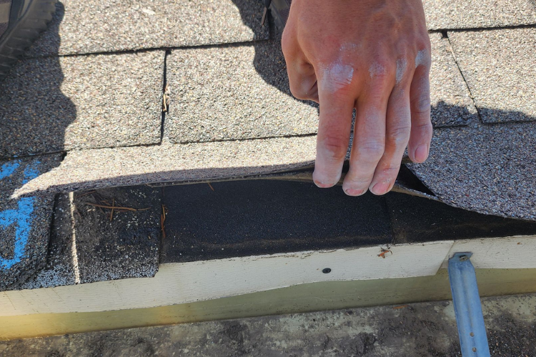 Roofer inspecting roof shingles for damage in Manitowoc County.